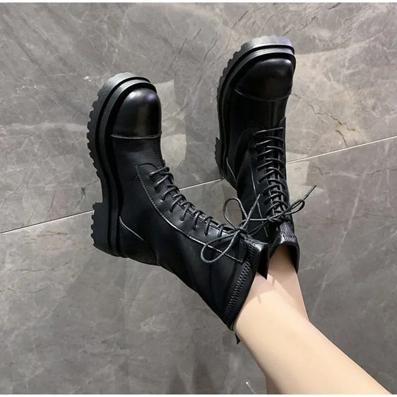 Amozae-Women Luxury Knee High Boots Lace Up Platform Ladies Non Slip Zipper PU Leather Shoes Woman Fashion Casual Female Footwear 2024