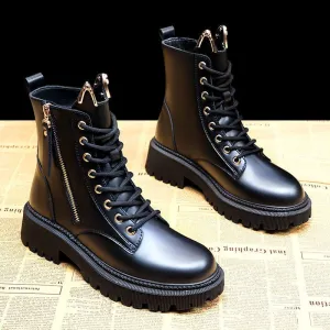 Amozae--  Women's Autumn Martin Boots 2024 Fashion Zipper Round Toe Cute Short Leather Boots Woman Casual Platform Goth Shoes Motorcycle