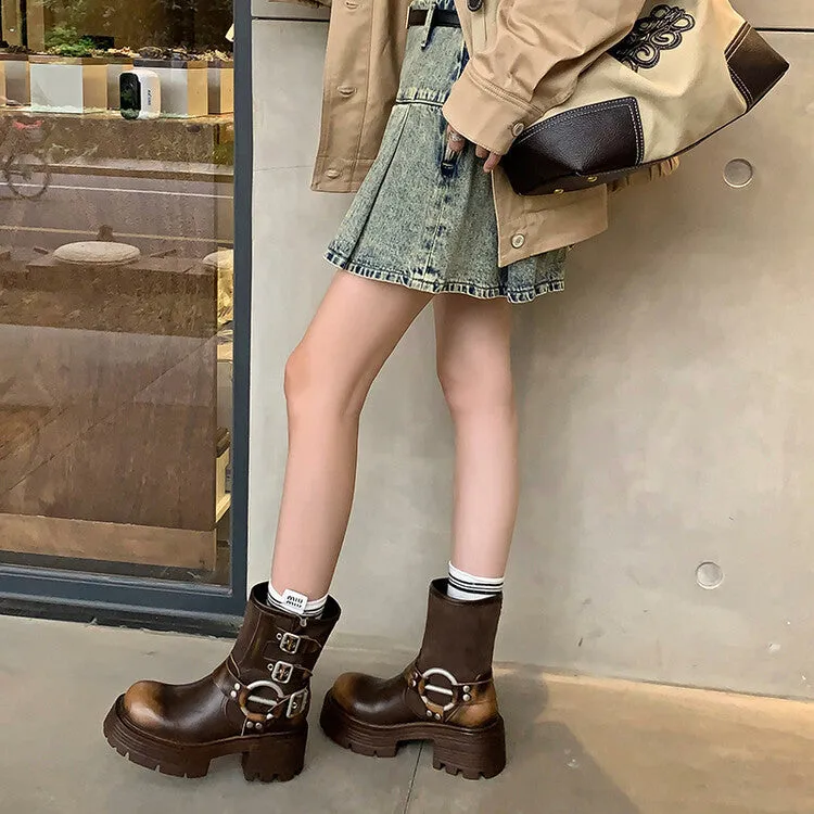 Autumn and Winter Motorcycle Thick Bottom Bootie Small New Fashion round Head Brushed Cowhide Motorcycle Boots Women