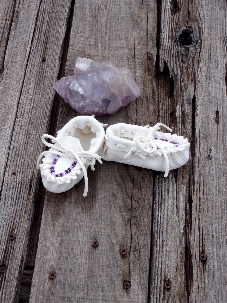 Beaded baby moccasins, white buckskin moccasins