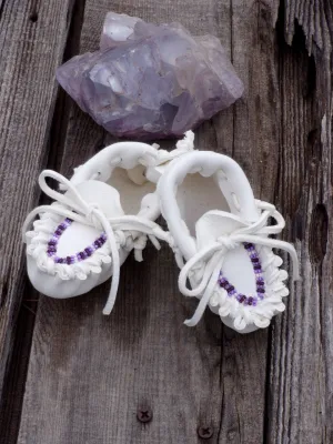 Beaded baby moccasins, white buckskin moccasins