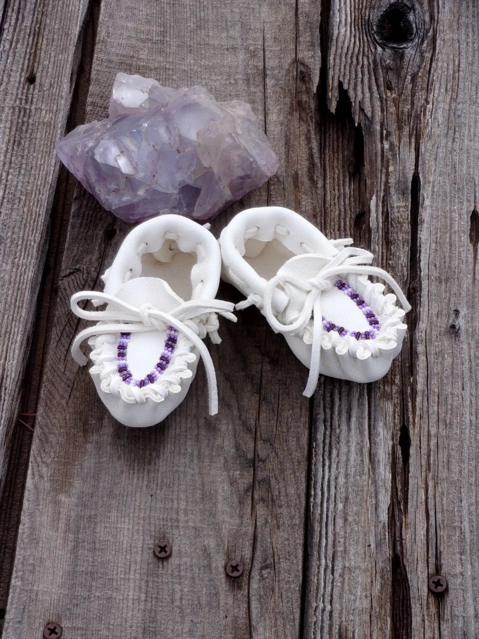 Beaded baby moccasins, white buckskin moccasins