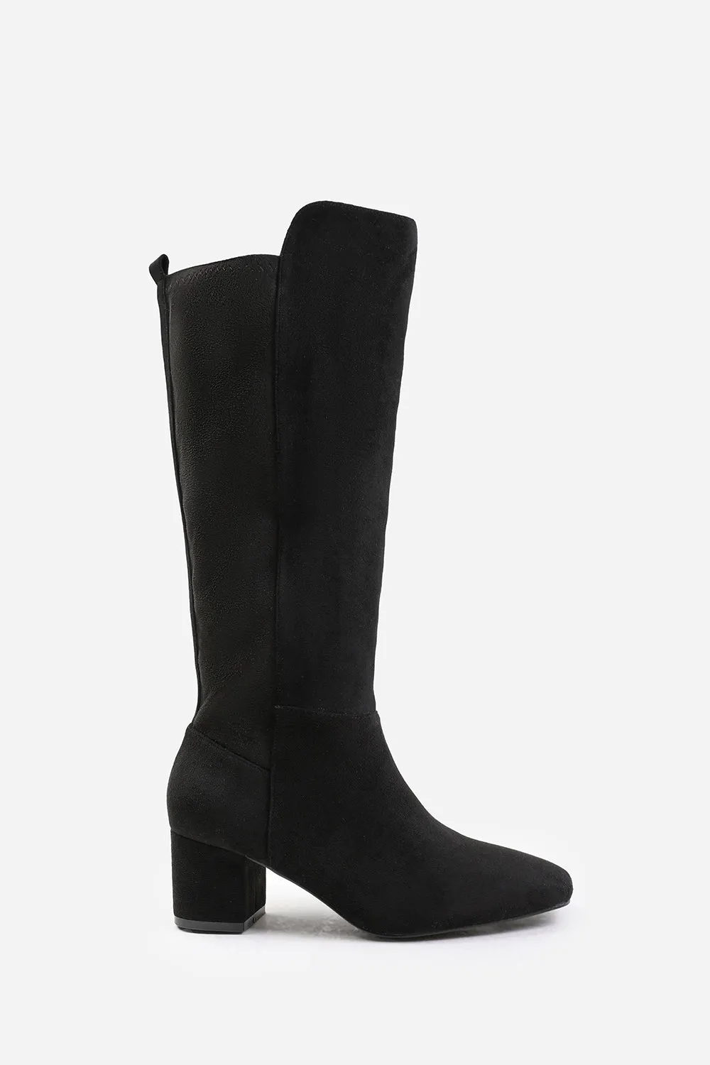 BEAU BLOCK HEEL KNEE HIGH BOOTS WITH SIDE ZIP IN BLACK SUEDE