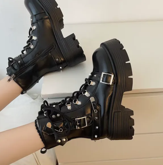 Black Chunky Biker Boots With Safety Pins & Straps