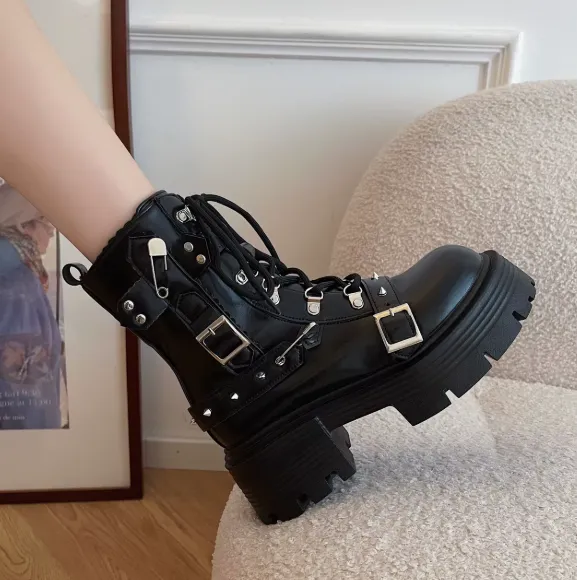 Black Chunky Biker Boots With Safety Pins & Straps