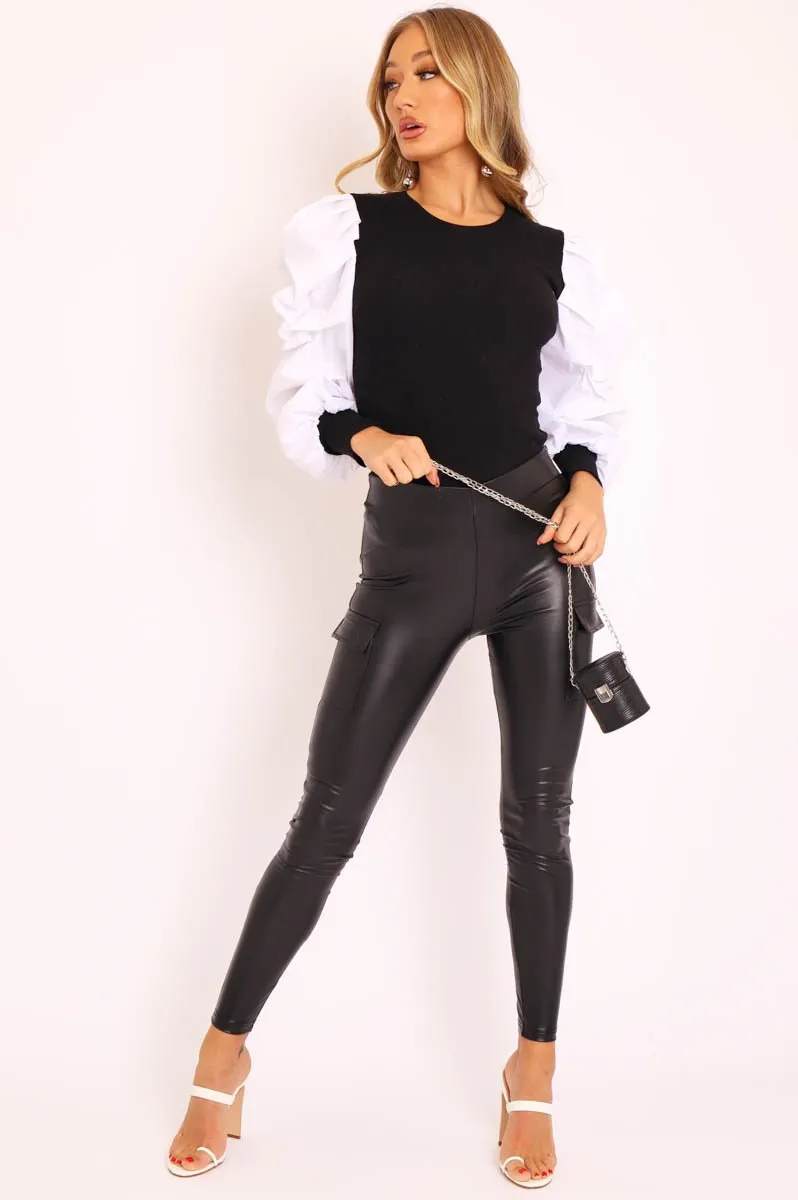 Black Faux Leather Cargo Pocket Leggings - Itzel