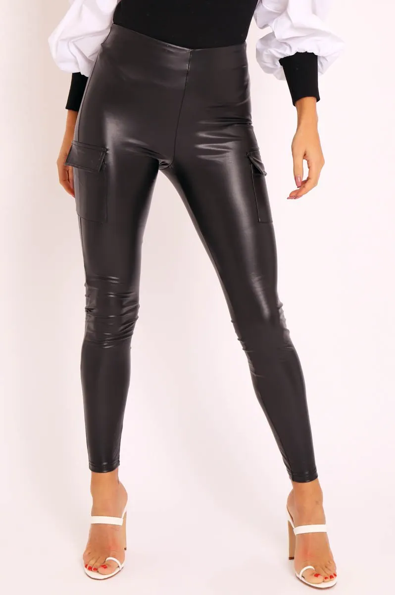 Black Faux Leather Cargo Pocket Leggings - Itzel