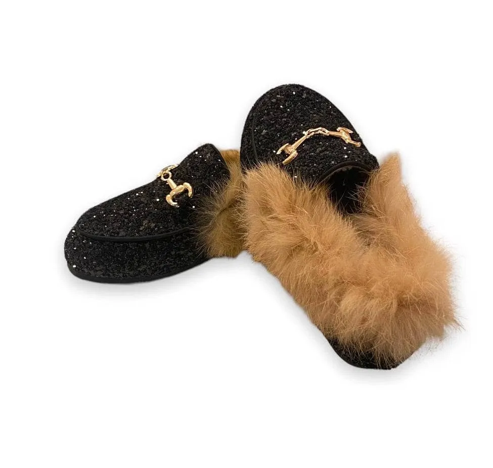 Black Glitter Fur Loafers/Lola