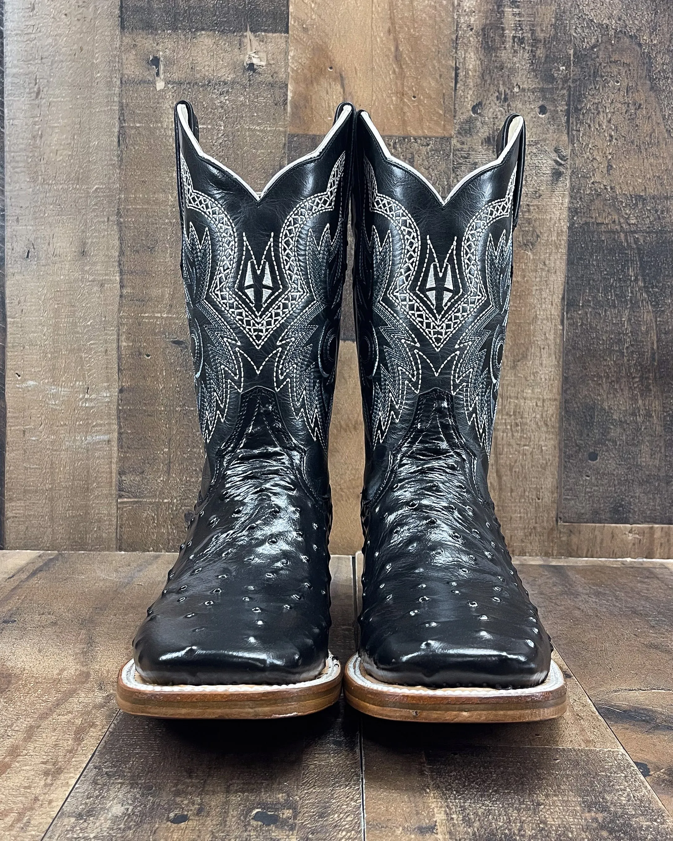 BLACK OSTRICH AB1 | MEN SQUARE TOE COWBOY BOOTS