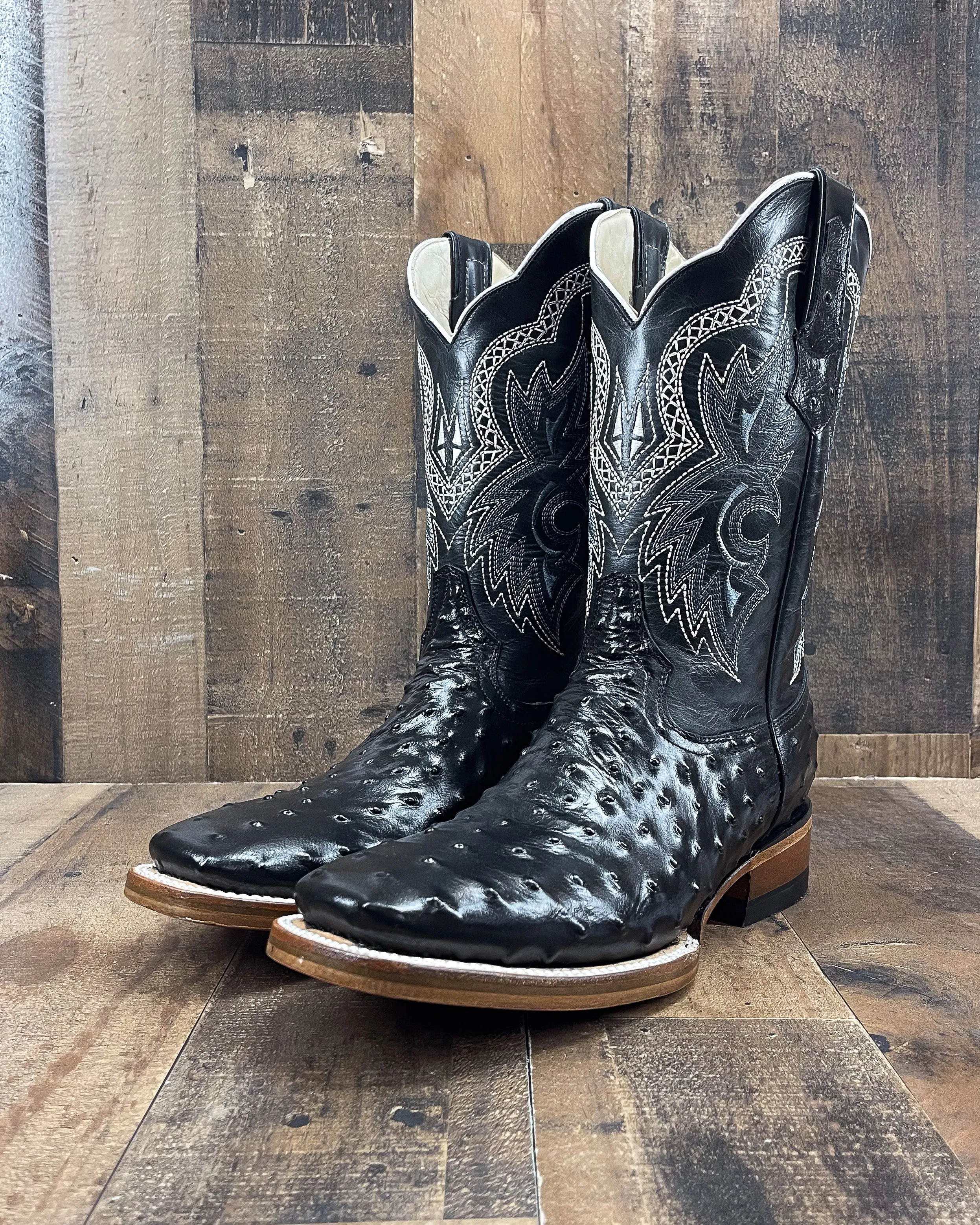 BLACK OSTRICH AB1 | MEN SQUARE TOE COWBOY BOOTS