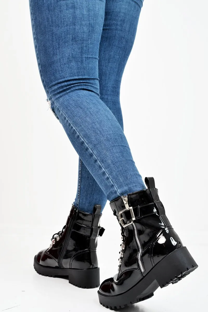 Black Patent Lace Up Buckle Detail Biker Boots - Novah