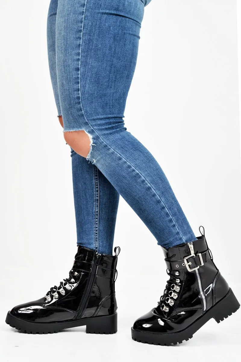 Black Patent Lace Up Buckle Detail Biker Boots - Novah