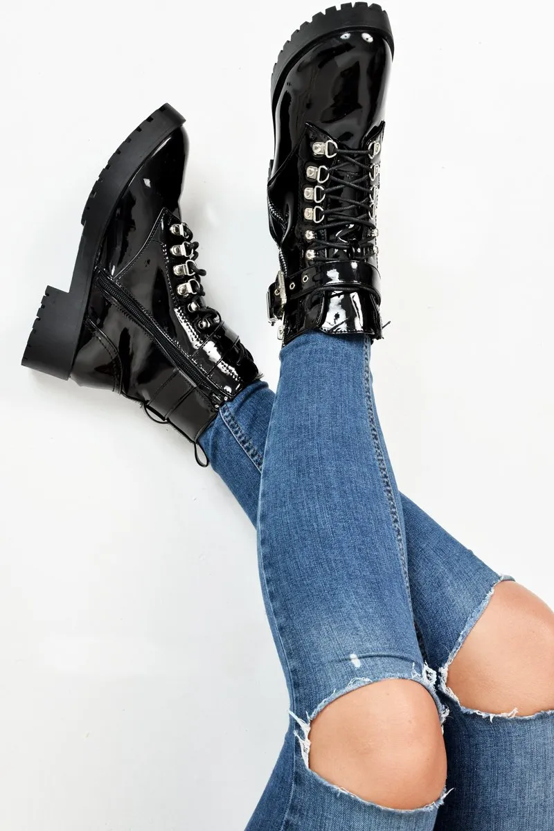 Black Patent Lace Up Buckle Detail Biker Boots - Novah