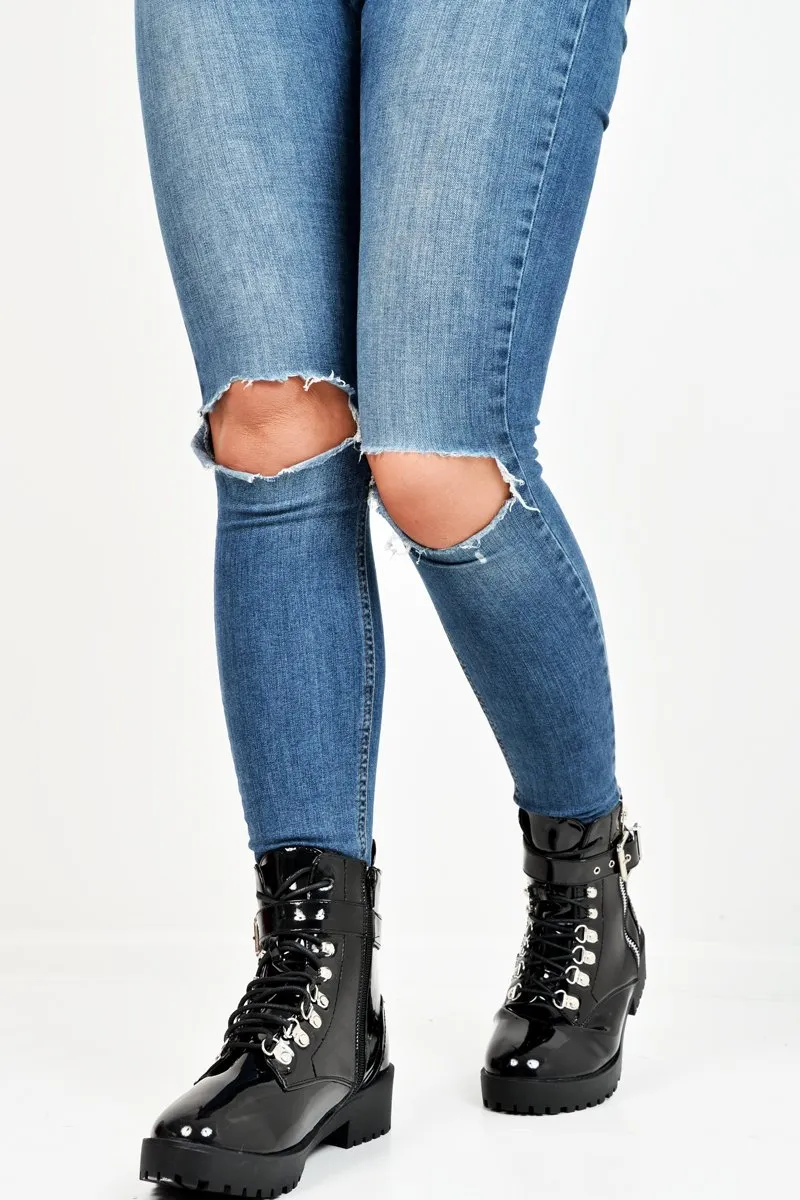 Black Patent Lace Up Buckle Detail Biker Boots - Novah