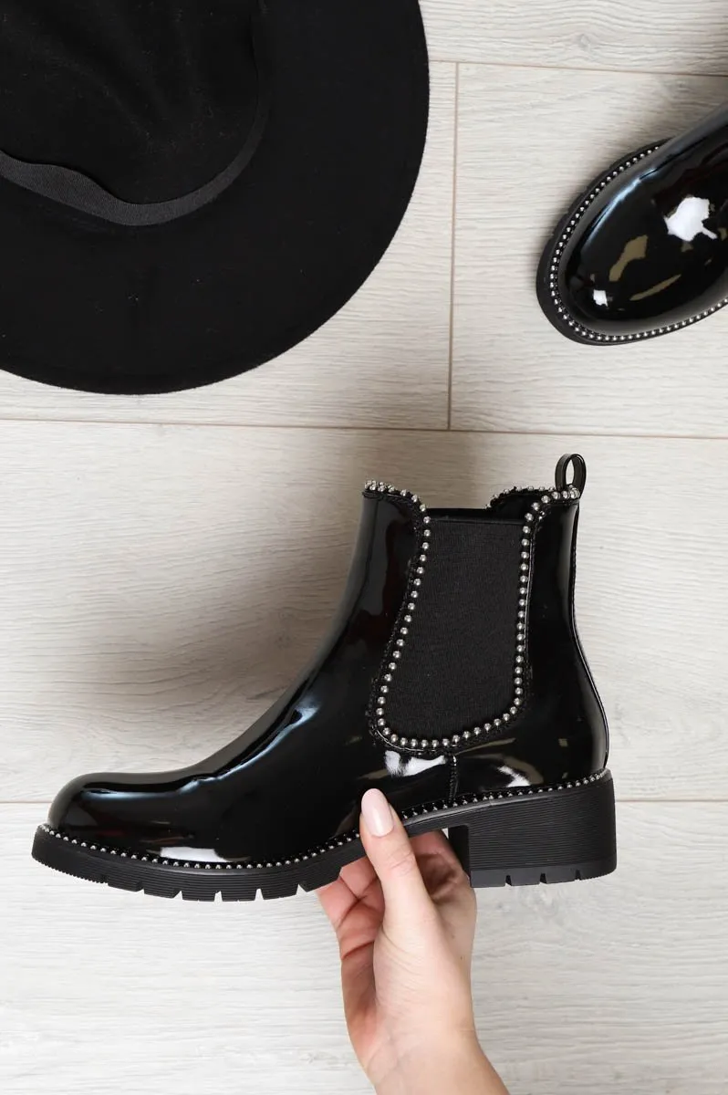 Black Patent Stud Trim Chelsea Boots - Spencer