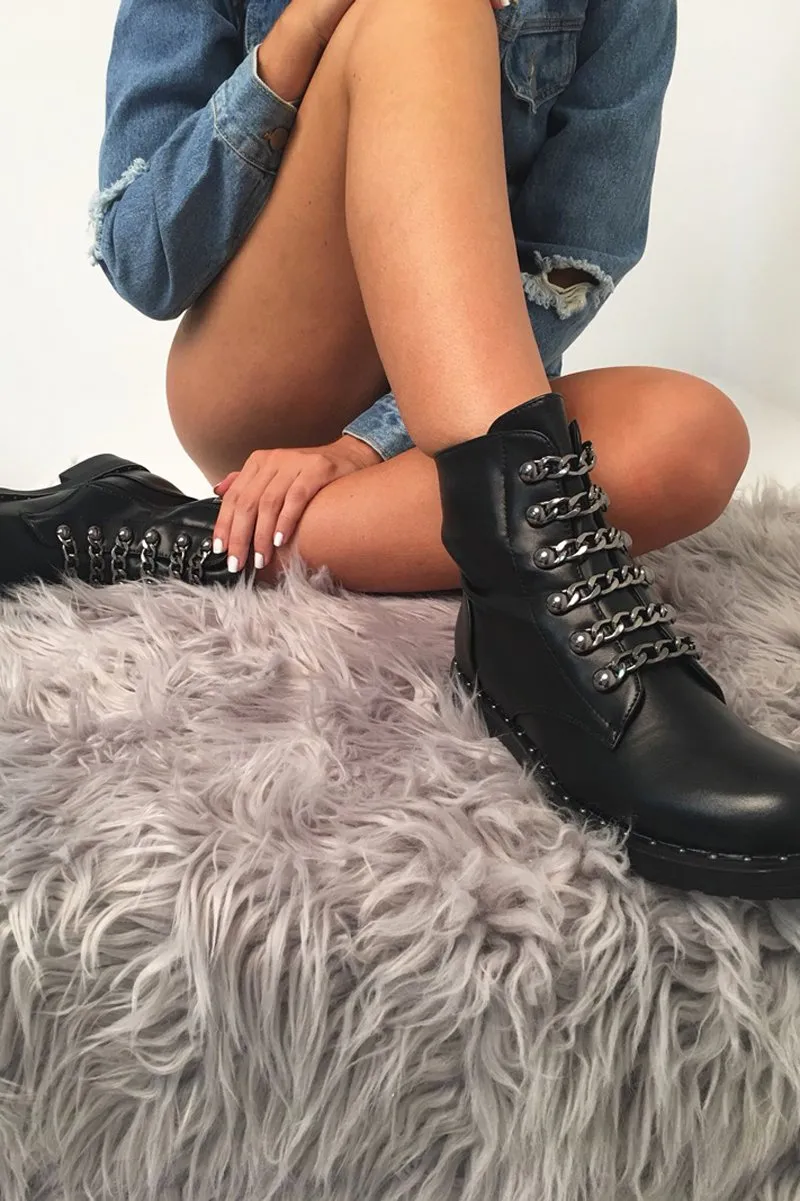 Black PU Chain Detail Biker Boots - Fischer