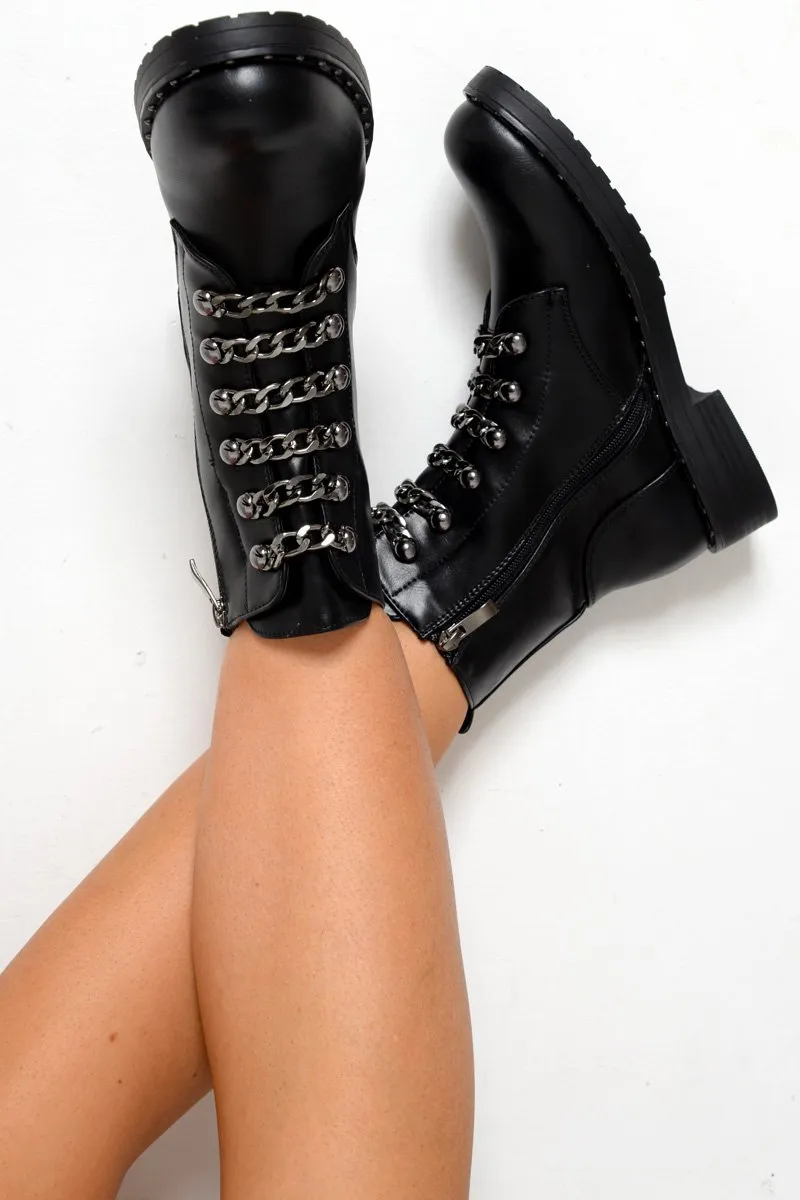 Black PU Chain Detail Biker Boots - Fischer