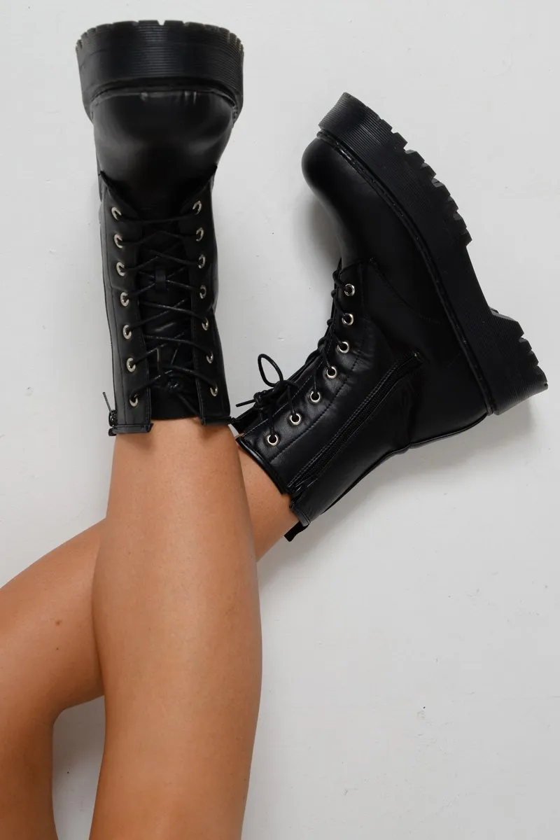 Black PU Chunky Biker Boots - Adaliz