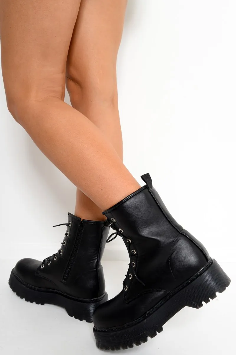 Black PU Chunky Biker Boots - Adaliz