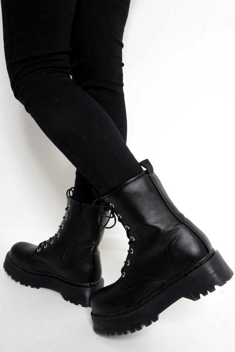 Black PU Chunky Biker Boots - Adaliz