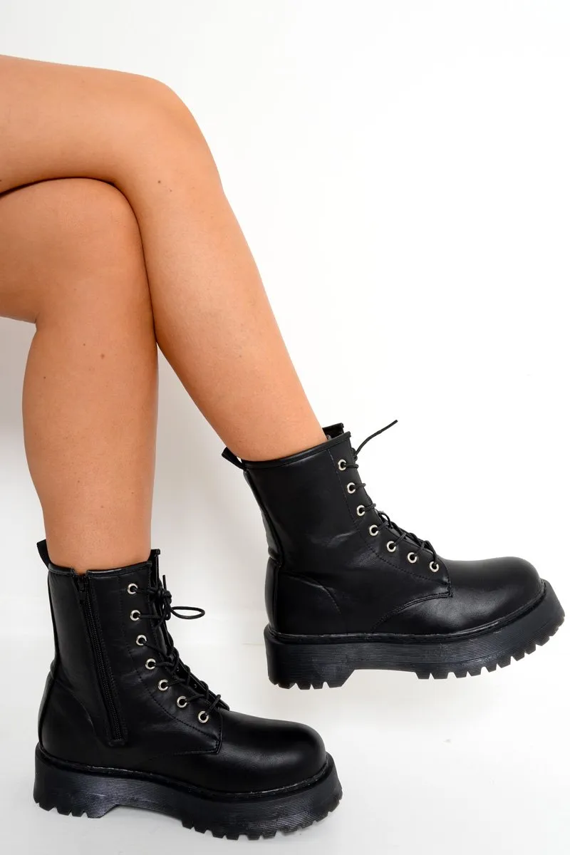 Black PU Chunky Biker Boots - Adaliz