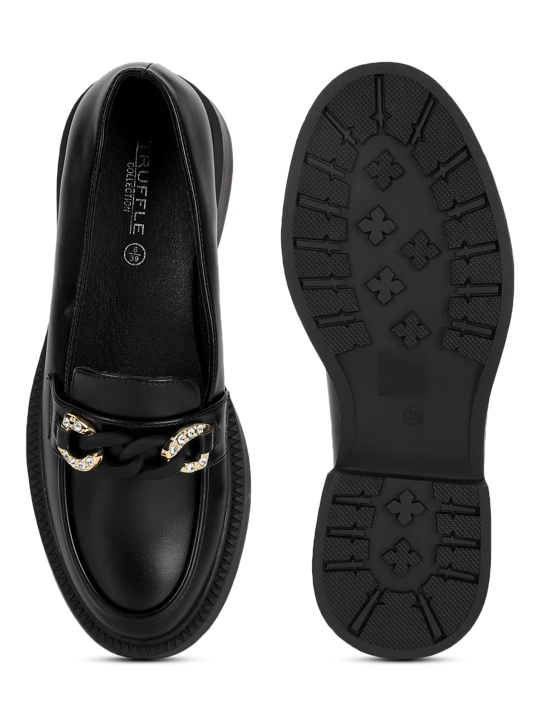 Black PU Embellished Slip-On Heel Loafers (TC-RS3589-BLK)