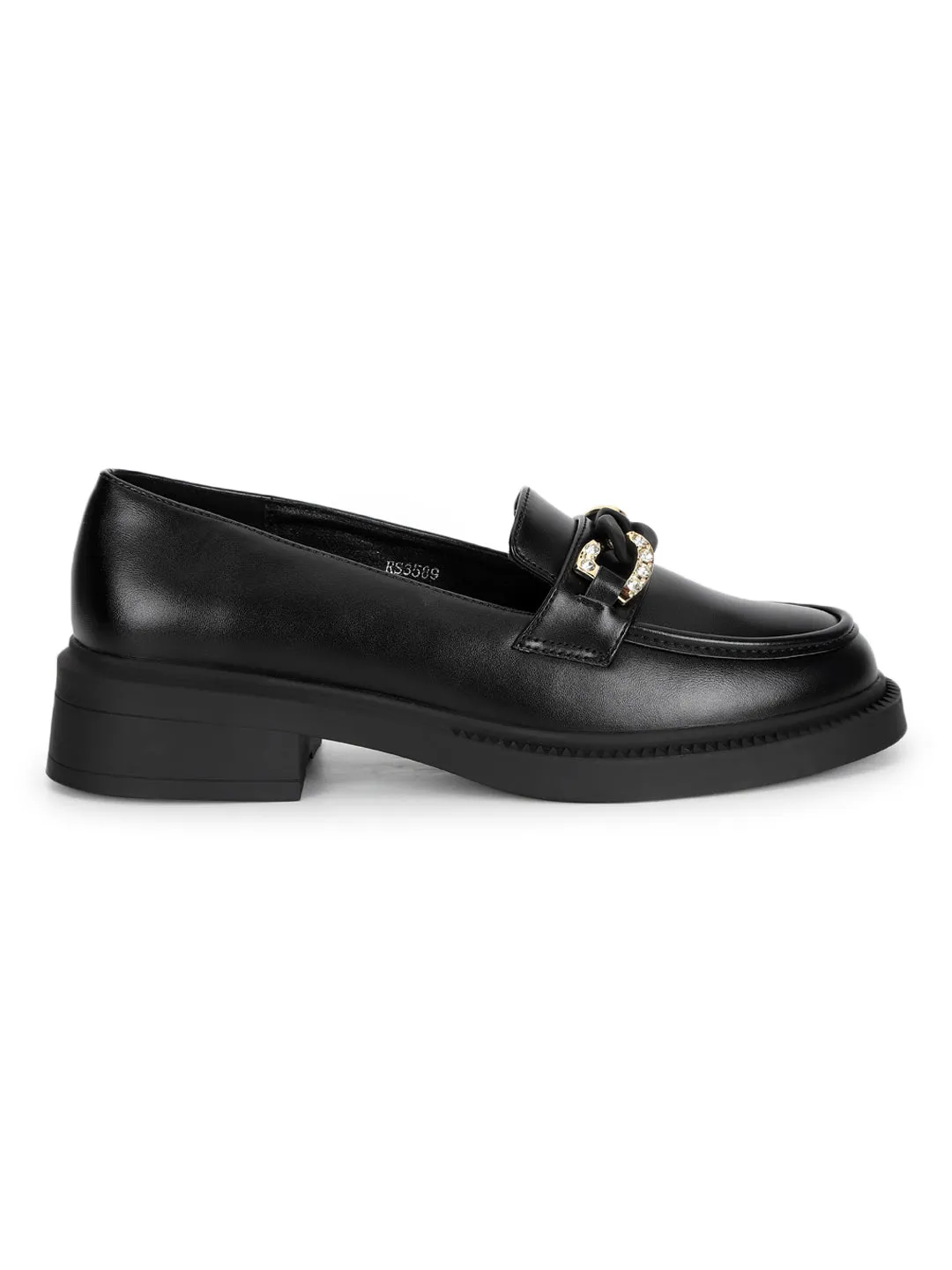 Black PU Embellished Slip-On Heel Loafers (TC-RS3589-BLK)