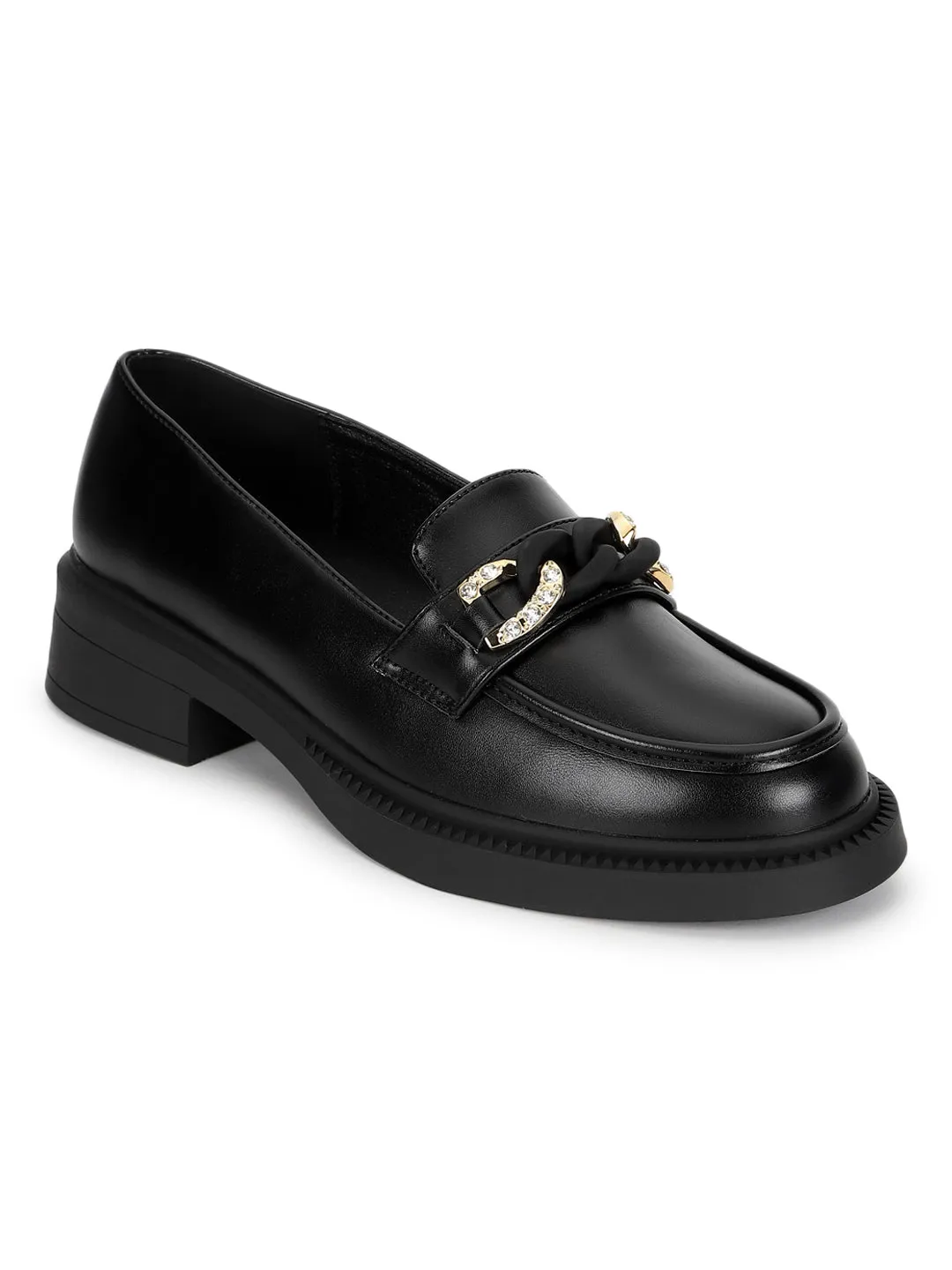 Black PU Embellished Slip-On Heel Loafers (TC-RS3589-BLK)