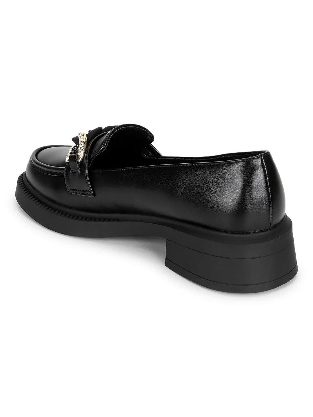 Black PU Embellished Slip-On Heel Loafers (TC-RS3589-BLK)