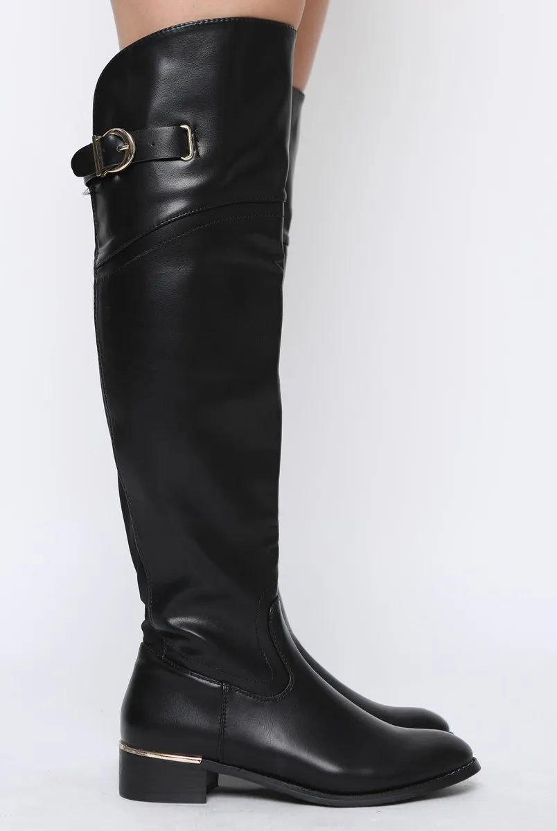 Black PU Gold Detail Buckle Flat Long Boots - Connie