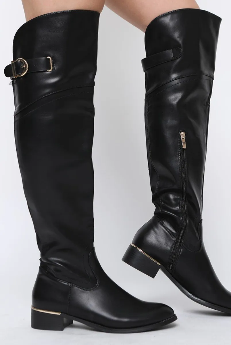 Black PU Gold Detail Buckle Flat Long Boots - Connie