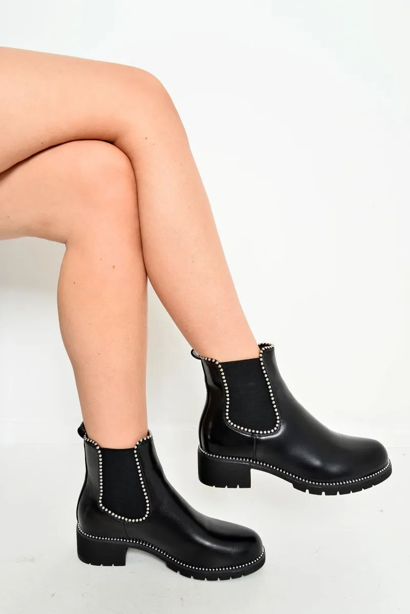 Black PU Stud Trim Chelsea Boots - Spencer