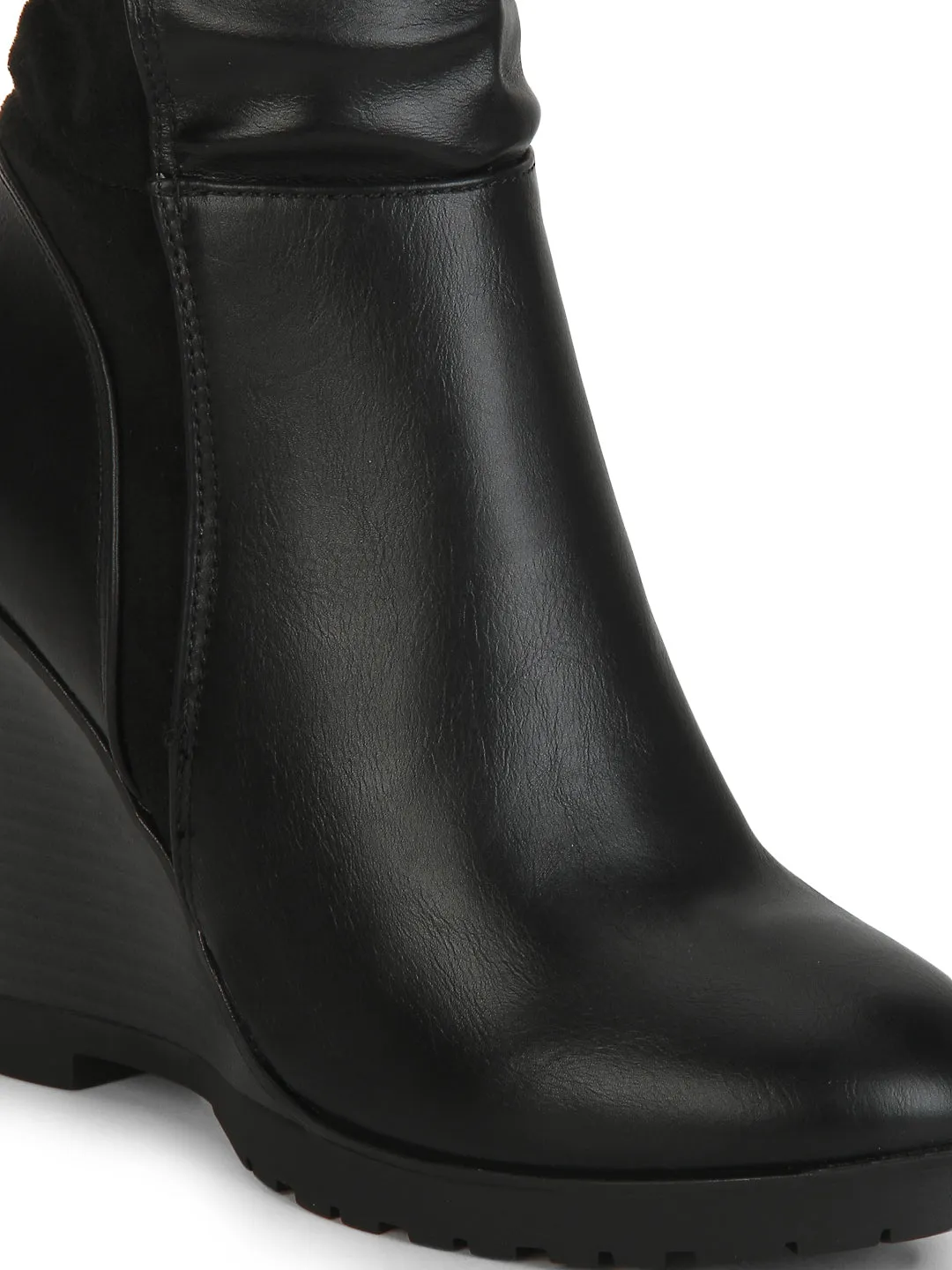 Black Pu Wedged Long Boots