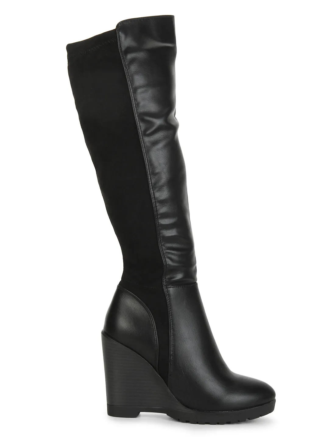 Black Pu Wedged Long Boots