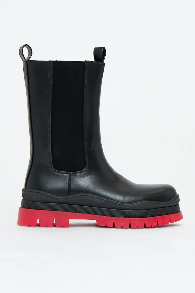 Black Red Chunky Sole Faux Leather Boots - Maree