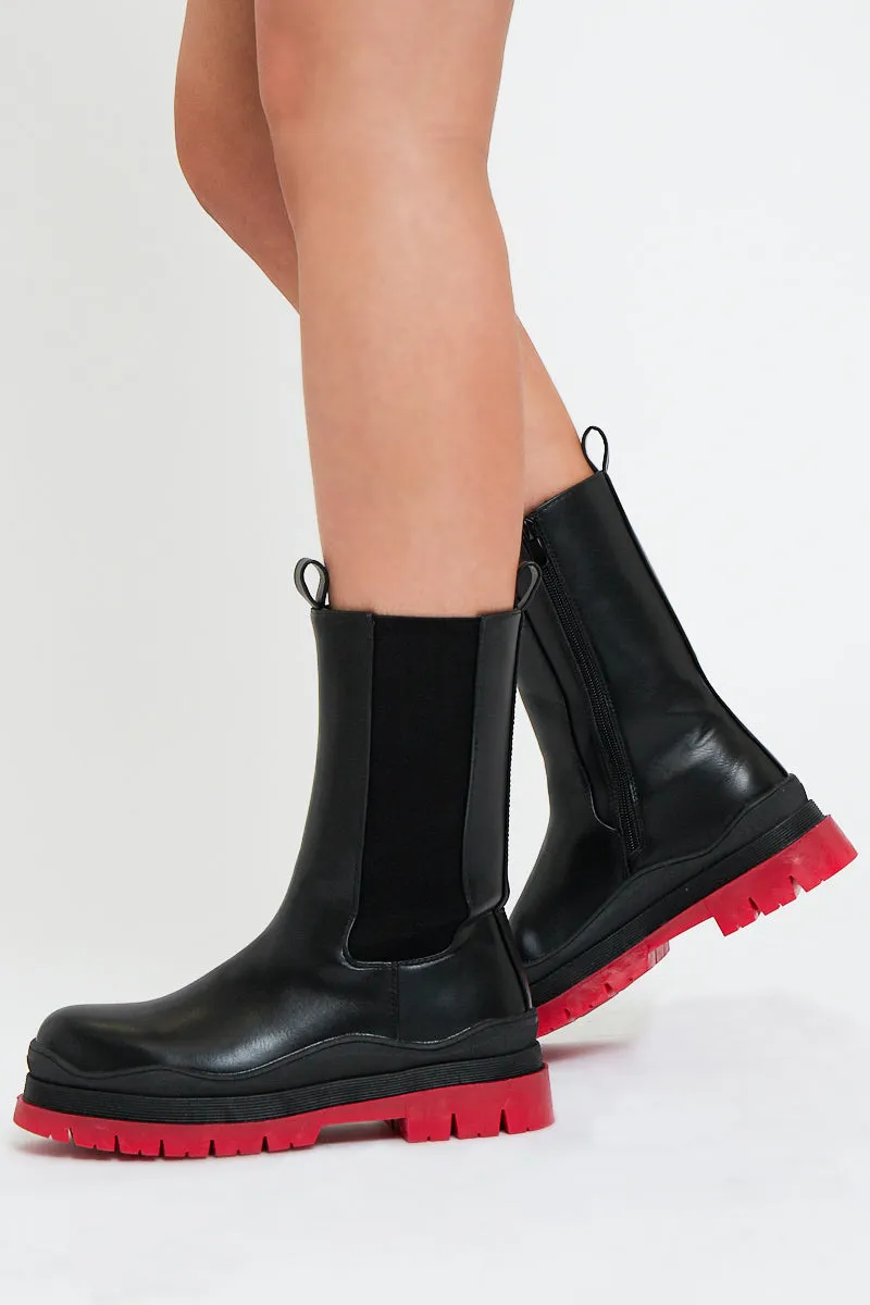 Black Red Chunky Sole Faux Leather Boots - Maree