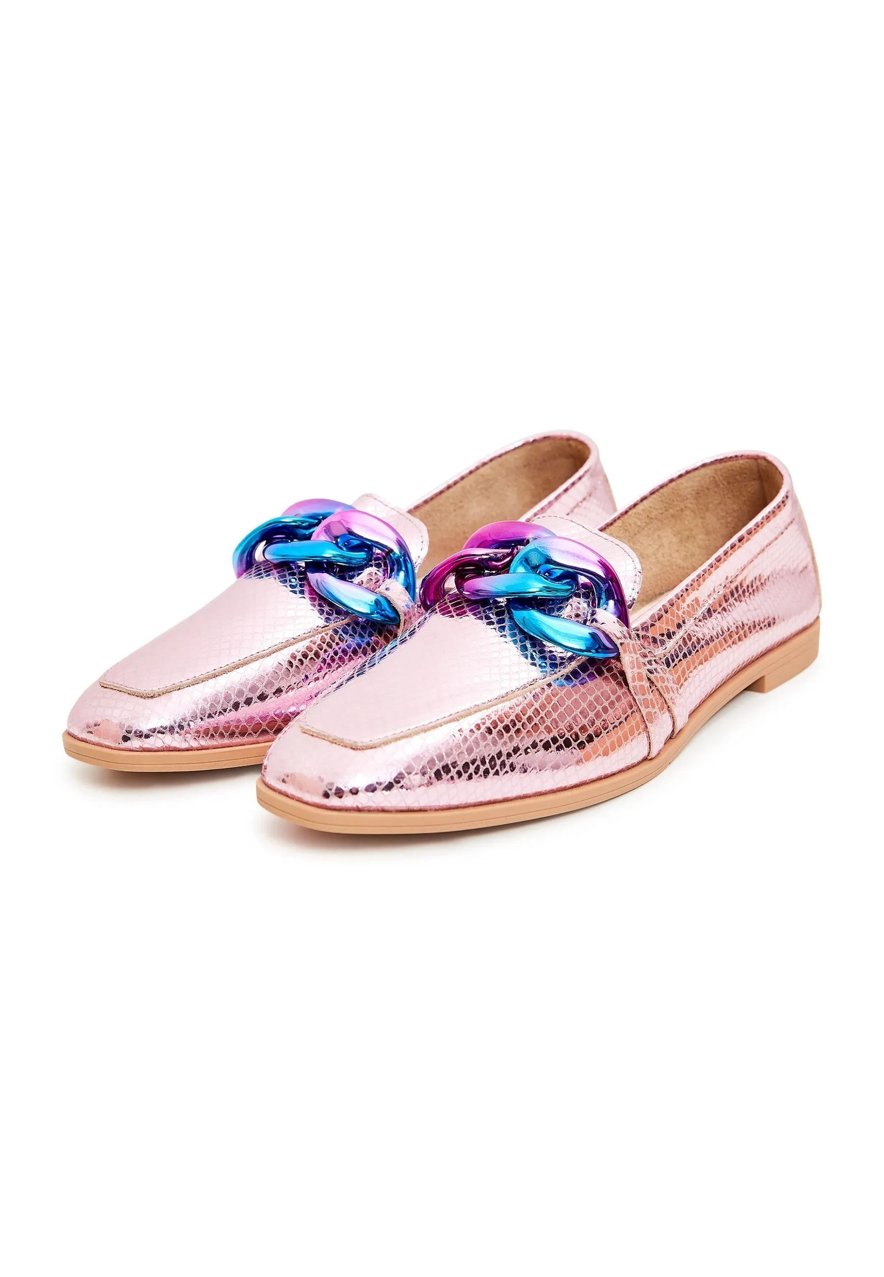 Classic Leather Flat Sole Loafers - Metallic Pink