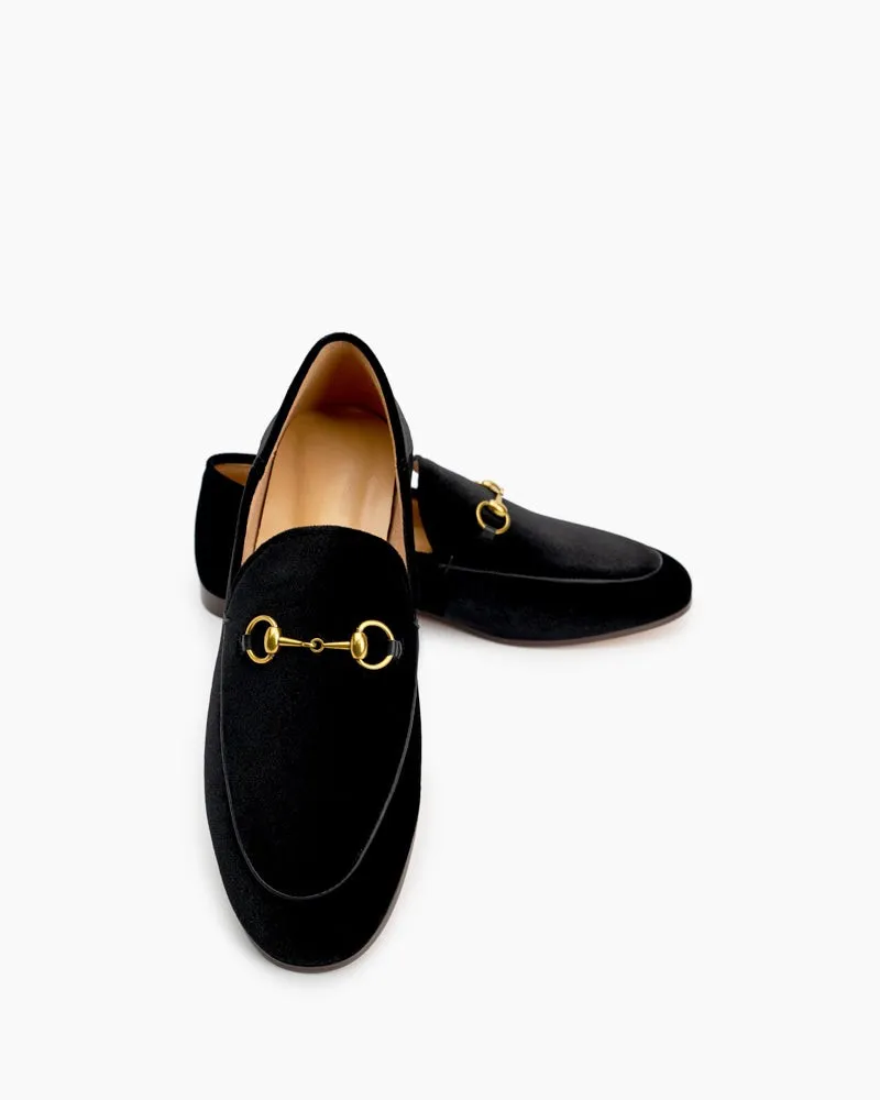 Classic Metal Buckle Velvet Loafers