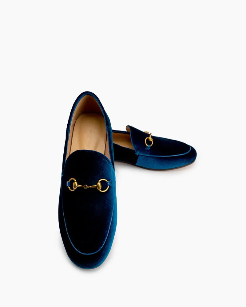 Classic Metal Buckle Velvet Loafers