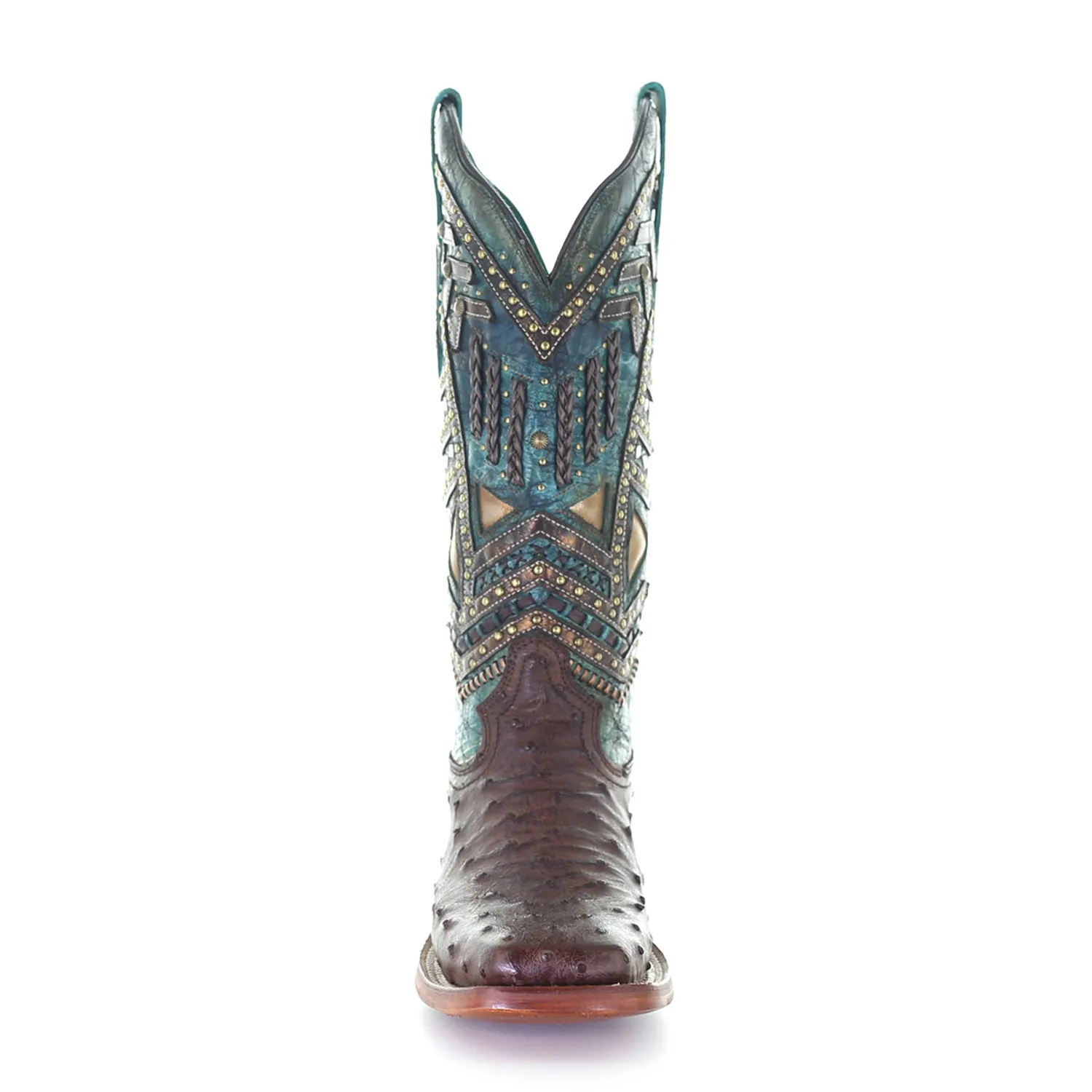 Corral Womens Vaquero Stud Cowboy Boots Ostrich Brown/Turquoise