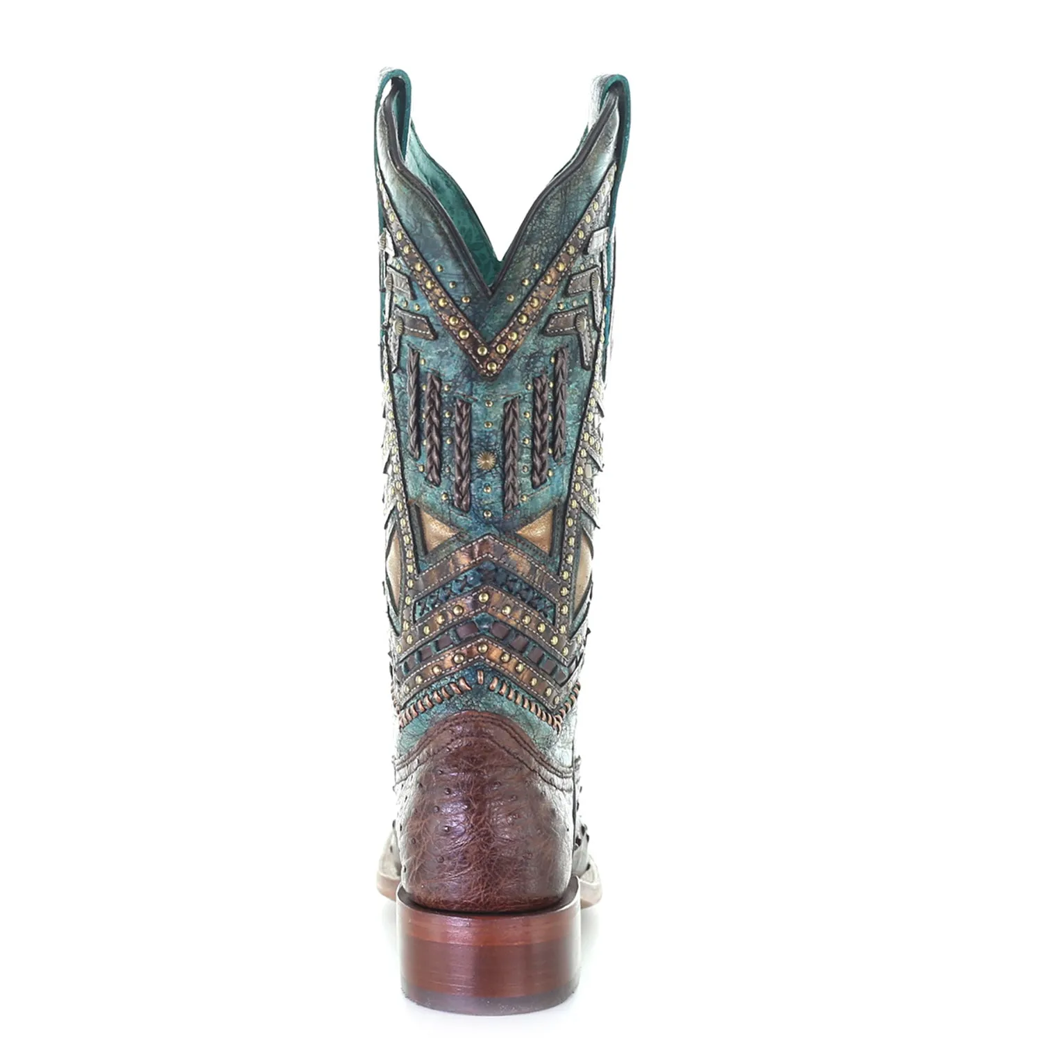 Corral Womens Vaquero Stud Cowboy Boots Ostrich Brown/Turquoise