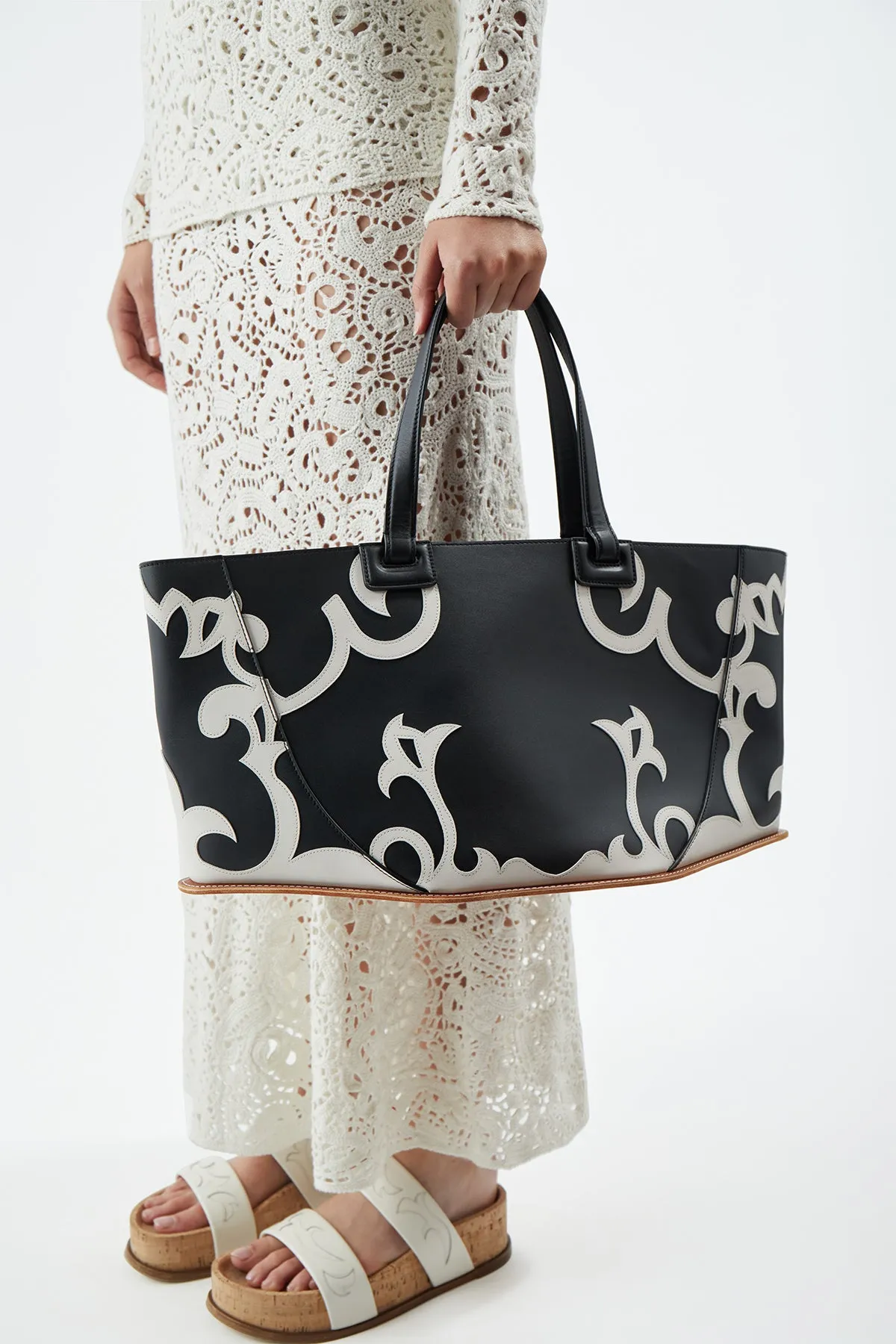 Coyote Flame Tote Bag in Black & Ivory Leather