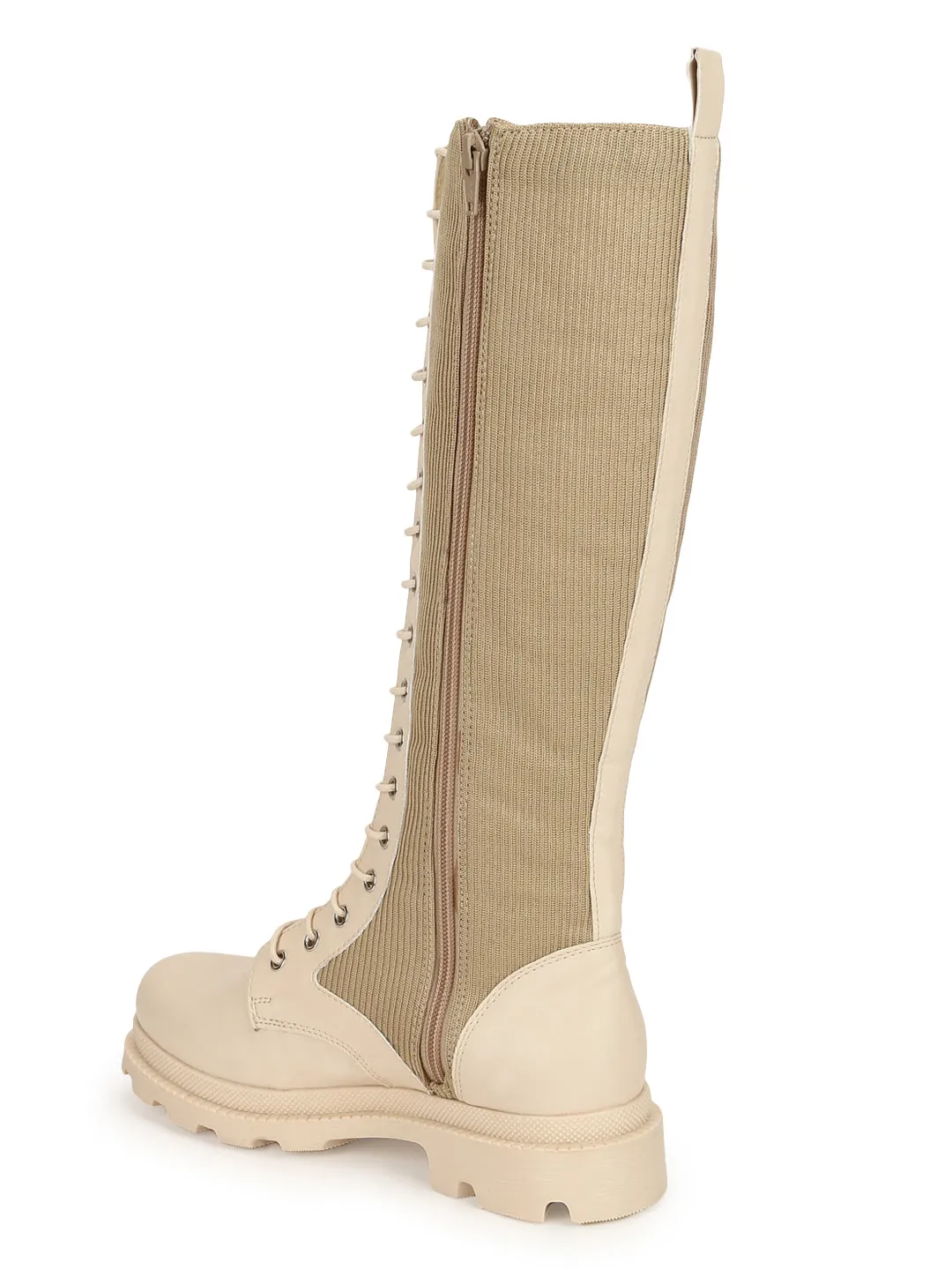 Cream PU Lace Up Snug Fit Long Boots (TC-ST-1206-CRMPU)