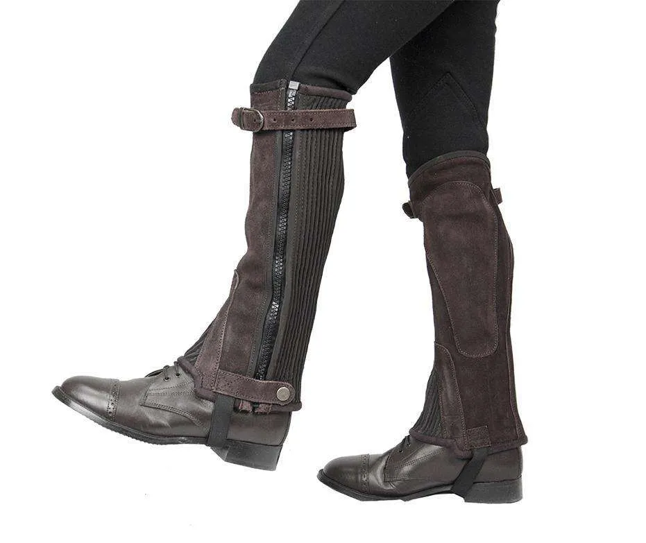 Derby Originals Adult and Childrens Suede Leather Half Chaps with Full Length Zippers & Elastic for Horseback Riding or Motorcycle Use