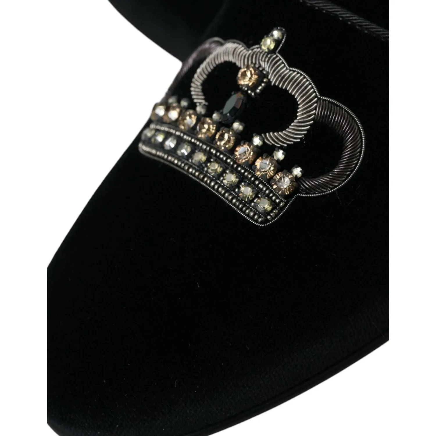 Dolce & Gabbana Black Velvet Crystal Crown Men Loafers Shoes