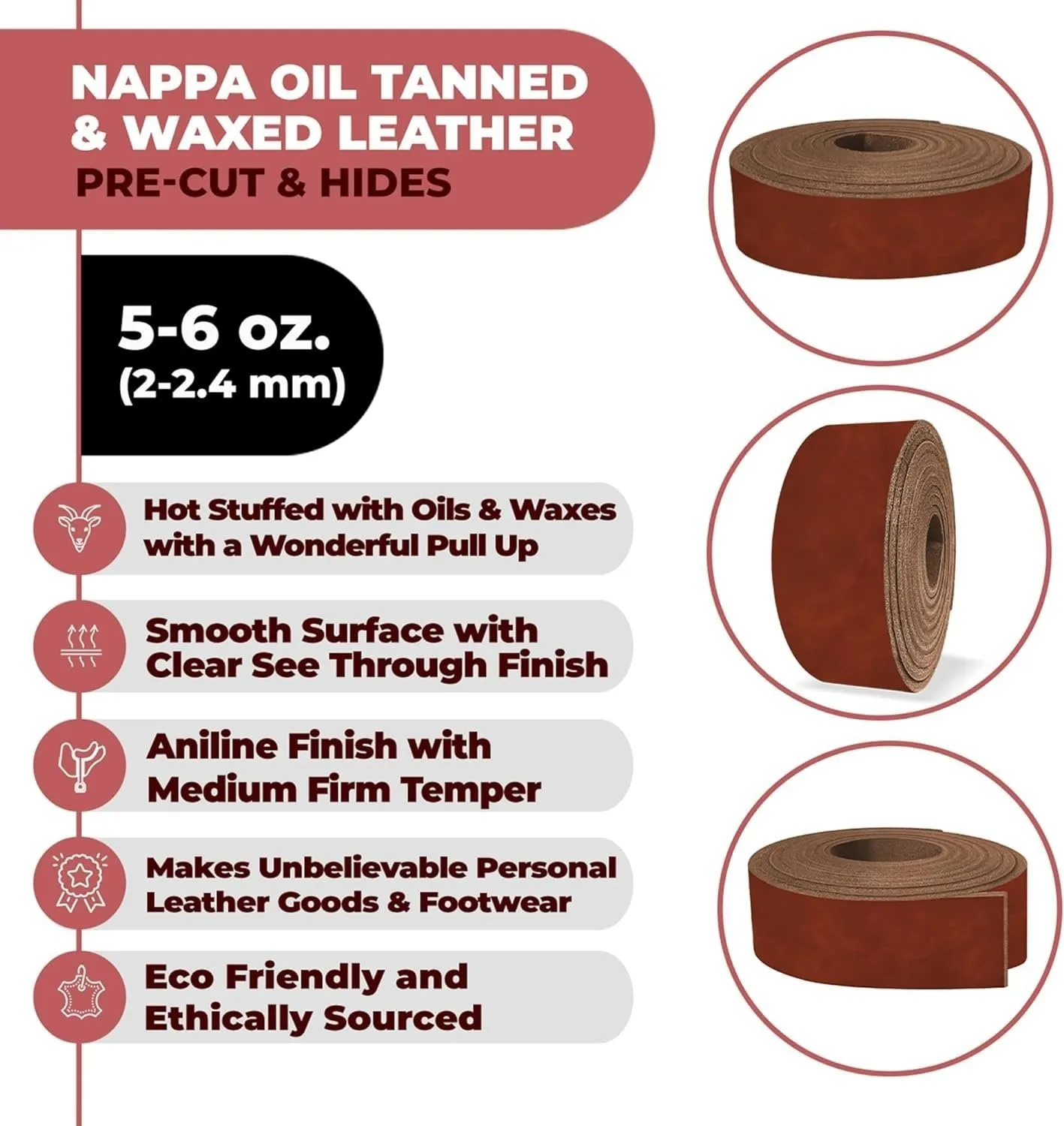 ELW 5-6 oz (2-2.4mm) Nappa Oil Tanned & Waxy Finish Leather  50" (127cm) Length, Belt Grade Straps Full Grain Length Craftsman A/B Grade Natural Cowhide, DIY, Crafting, Strips