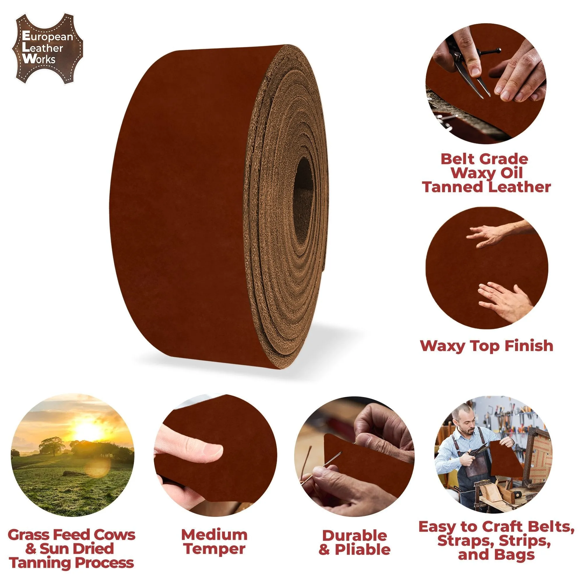 European Leather Work Oil Tanned Waxy Finish Leather 5-6 oz (2-2.4mm)  40" Length Full Grain Cowhide Handmade Leather for DIY, Crafts, Sheaths