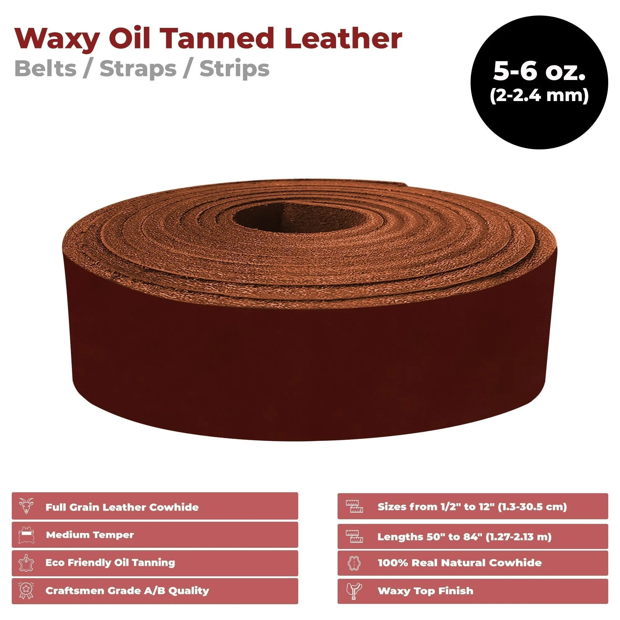 European Leather Work Oil Tanned Waxy Finish Leather 5-6 oz (2-2.4mm)  50" Length Full Grain Cowhide Handmade Leather for DIY, Crafts, Sheaths