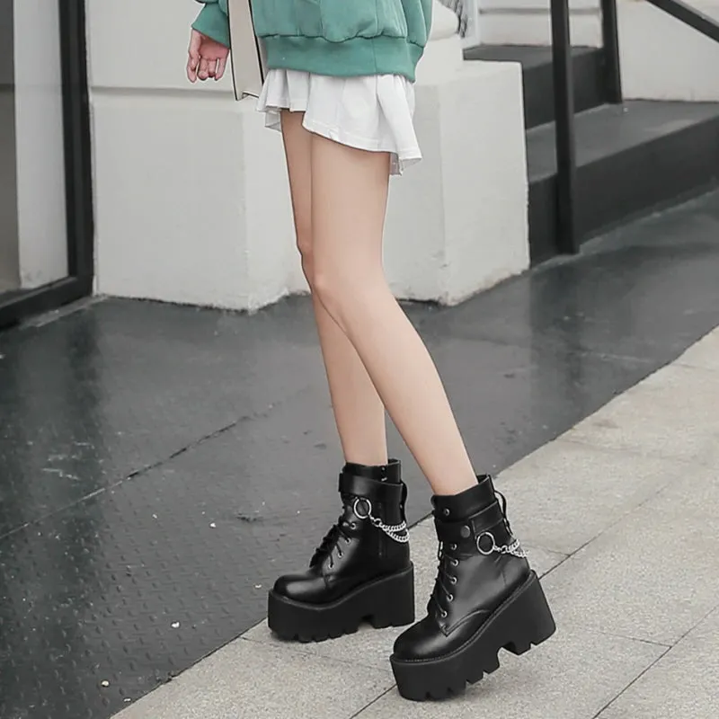 Fashion Chain Motorcycle Platform Ankle Boots