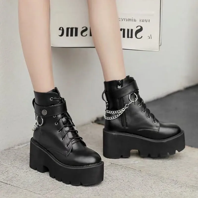 Fashion Chain Motorcycle Platform Ankle Boots